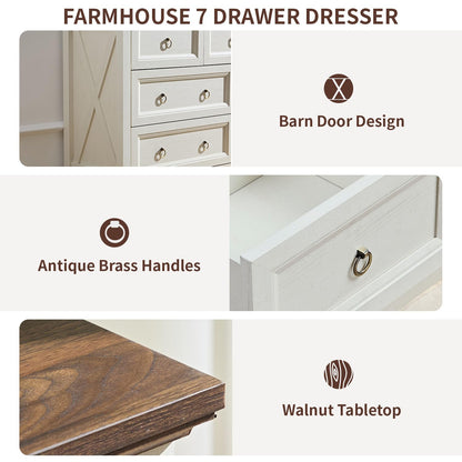 7 Drawer Dresser for Bedroom, 54" Farmhouse Dresser, Rustic Chest of Drawers, White Dresser with Barn Design, Brown Tabletop & Antique Bronze Handles, Wood Dresser for Closet, Bedroom Dresser - WoodArtSupply