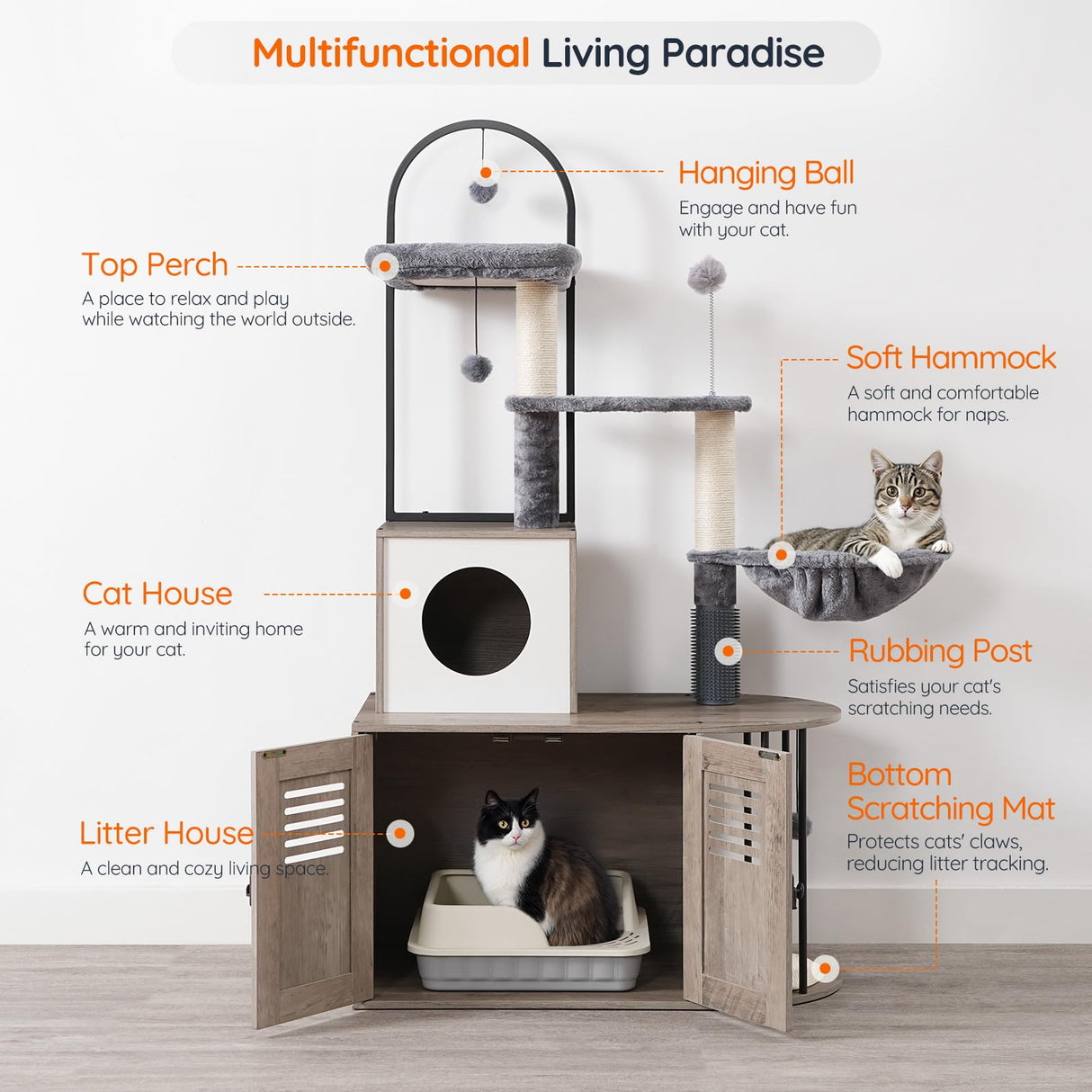 HOOBRO Cat Tree with Litter Box Enclosure, Arched All-in-One 31.5" Cat Tower with Hidden Litter Box Furniture for Indoor Cats, Versatile Cat Condo with Sisal Posts, Hammock, Greige and Gray BG45MZ03 HOOBRO