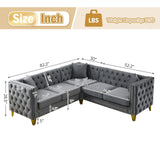 Velvet L Shaped Sofa Couch, Upholstered Sectional Couch with Tufted Back and Rivet Decoration, Modern 5 Seater Corner Sofa with Golden Tapered Legs and 3 Pillows, Comfy Couches for Living Room, Gray KINFFICT