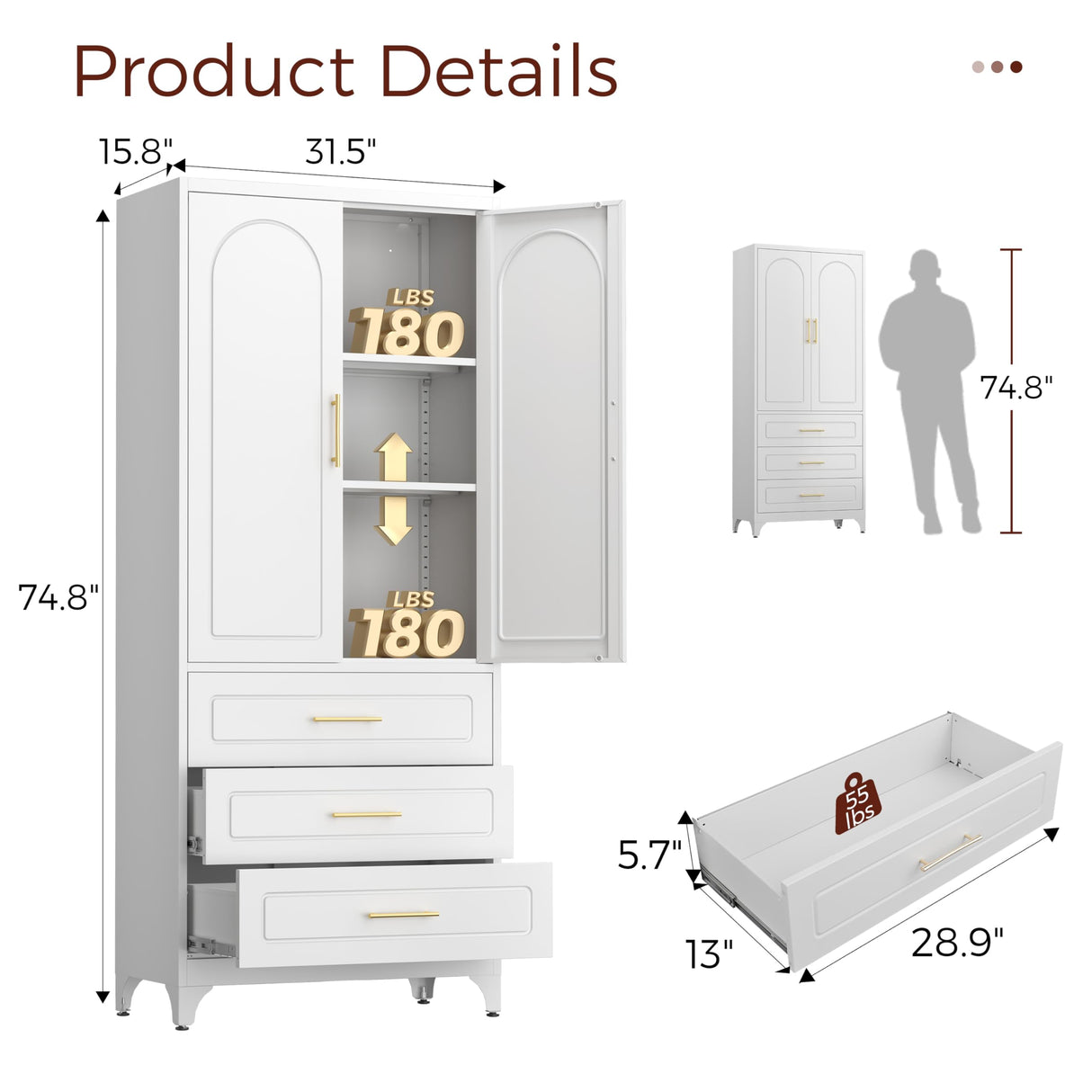 Kubohogar 75" Kitchen Pantry Cabinet with 3 Drawers, Metal Storage Cabinets with Doors and Adjustable Shelves, Tall White Pantry for Dinning Living Room Kubohogar
