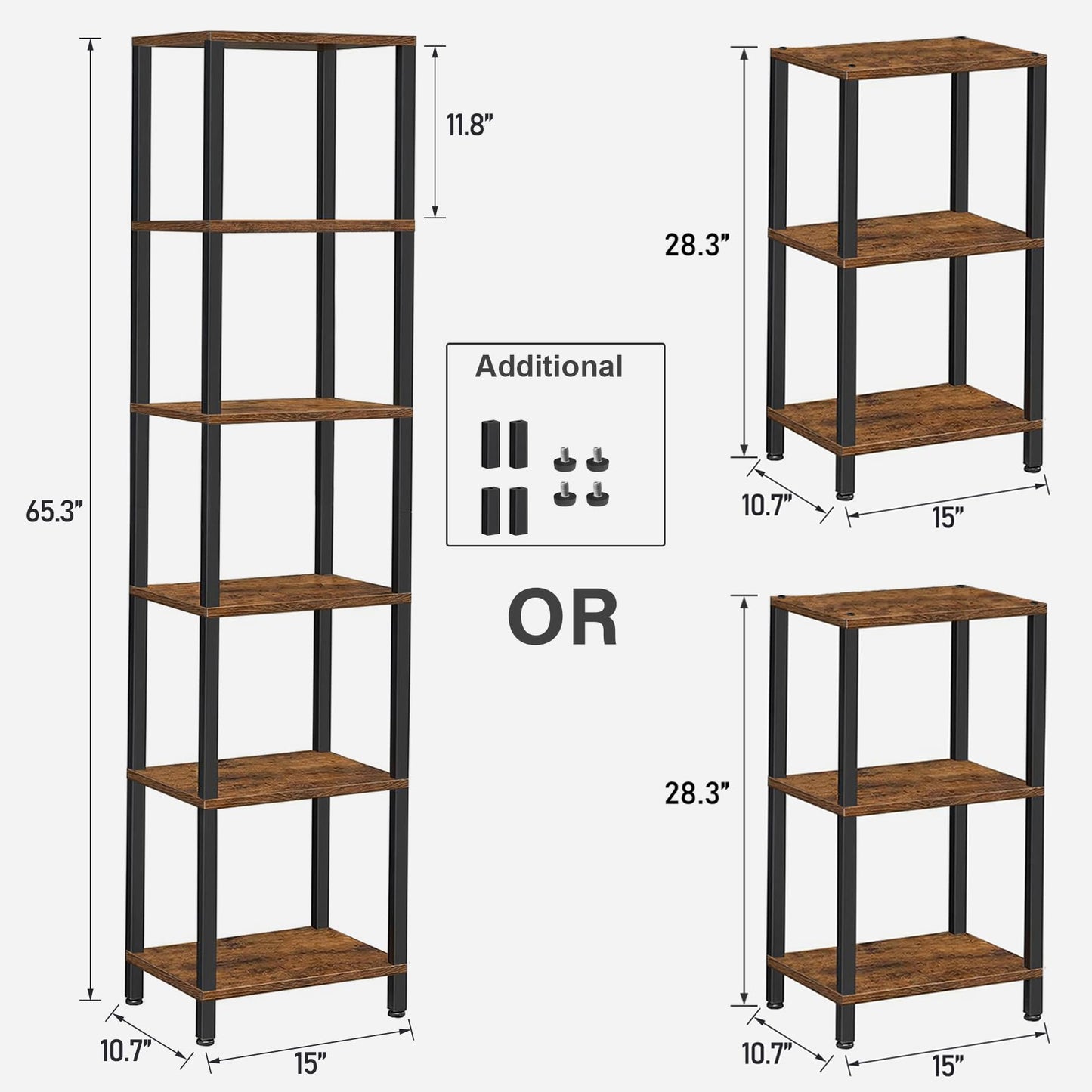 TUTOTAK Bookshelf, 6-Tier Tall Book Shelf, Narrow Bookcase for Small Space, DIY Stackable Bookshelf, for Living Room, Office, Study, Entryway, Industrial, Rustic Brown BS01BB006