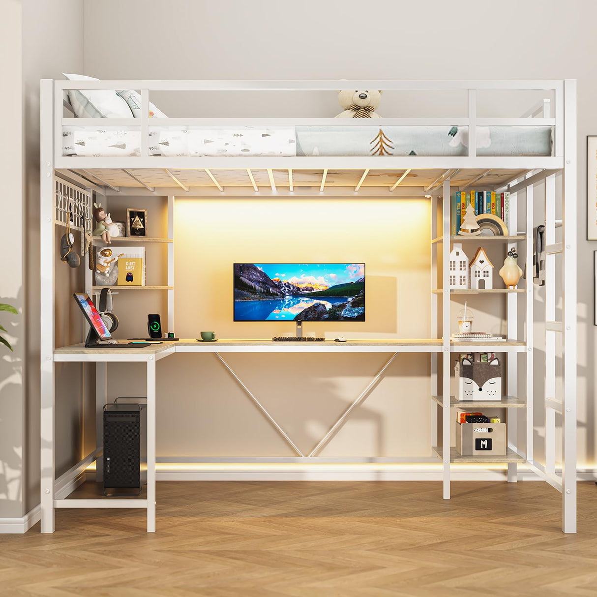 MSmask Loft Bed Twin Size with L Shaped Desk, LED Lights, Charging Station, Heavy Duty Metal Loft Bed Frame with 6 Storage Shelves, Safety Guard & Ladder, No Box Spring Needed, No Noise, White MSmask