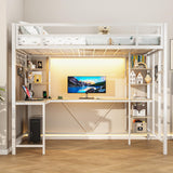 MSmask Loft Bed Twin Size with L Shaped Desk, LED Lights, Charging Station, Heavy Duty Metal Loft Bed Frame with 6 Storage Shelves, Safety Guard & Ladder, No Box Spring Needed, No Noise, White MSmask