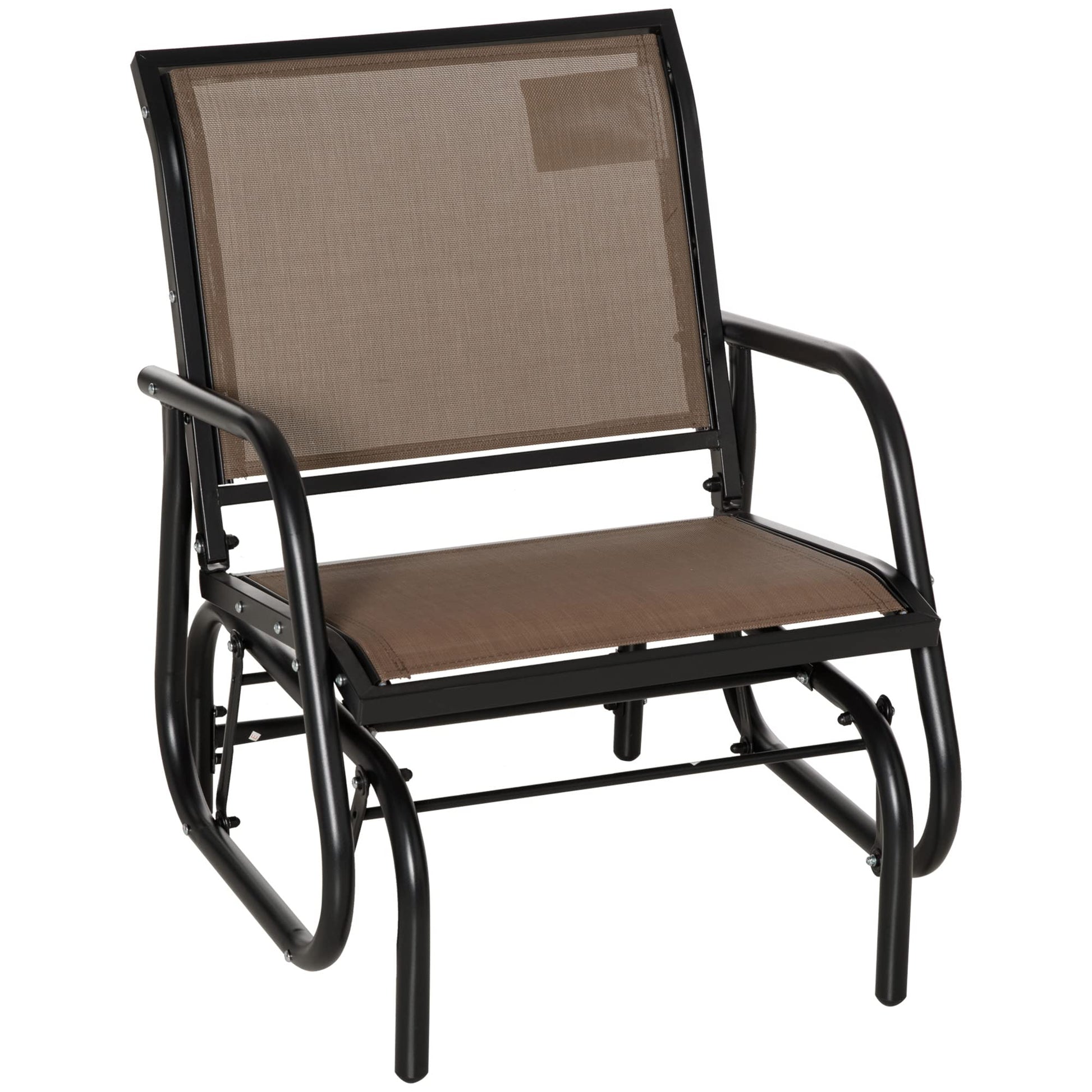 Outsunny Porch Glider, Metal Frame Swing Glider Chair with Breathable Mesh Fabric, Curved Armrests and Steel Frame for Garden, Poolside, Backyard, Balcony, Brown - WoodArtSupply