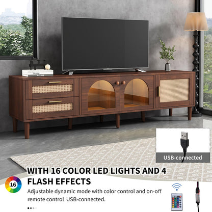 Rattan LED TV Stand for 75 Inch TV, Mid Century Modern Media Console Entertainment Center with 2 Arch Glass Doors, 2 Drawers, 3 Cabinets & Wood Legs, Living Room TV Stand, TV Console Wood TV  - WoodArtSupply