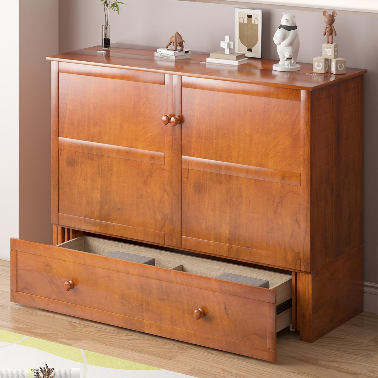 BALUS Queen Murphy Bed with Built-in USB Charging Ports & Bedside Panel, Wood Hidden Wall Beds, Modern Murphy Beds Cabinet Beds for Bedroom/Living Room - Cherry BALUS