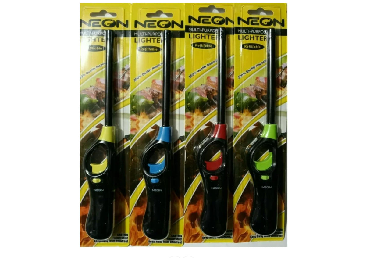 Neon Refillable BBQ Lighter - Pack of 4,with Prime Necessities Merchandise Sticker. Prime Necessities