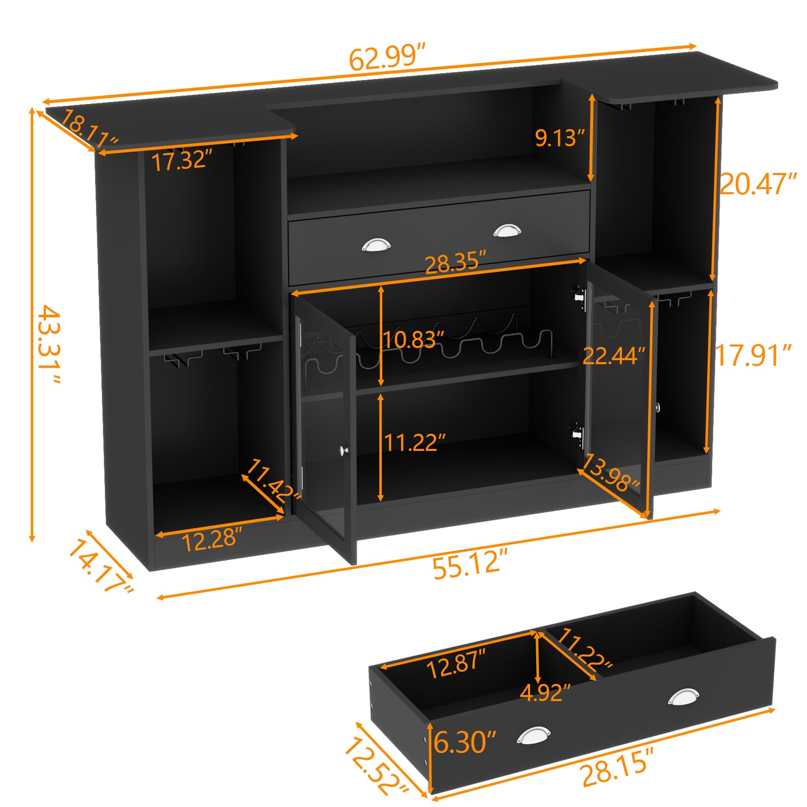 Loomie Crescent-Shaped LED Bar Cabinet with Drawer & Adjustable Wine Rack - WoodArtSupply