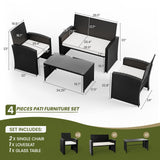 Amopatio Outdoor Furniture Set,4 Pieces Black Rattan Wicker Conversation Sets Sectional Sofa with White Cushions Amopatio