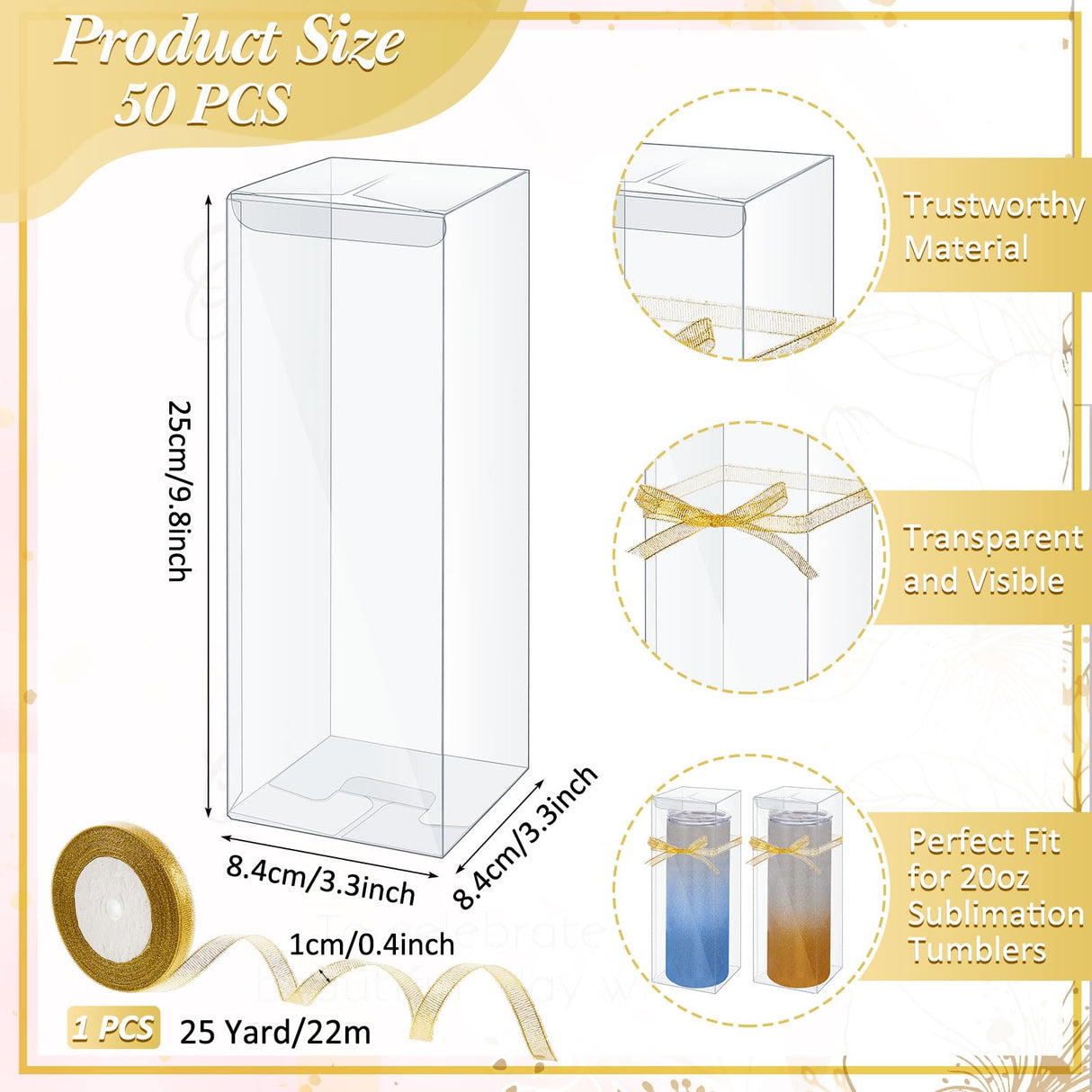 Beeveer 50 Pcs Mug Gift Boxes Clear Tumblers Packaging Box with Ribbon for Sublimation Tumblers Compatible with Stanley 11oz 12oz 15oz 20oz 30oz 40oz(3.3 x 3.3 x 9.8 Inch) Beeveer