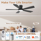 52"Wood Smart Flush Mount Ceiling Fans with Lights Remote,Control via WIFI Alexa Google App,6 Speed,Quiet DC Motor,Modern Black Outdoor Indoor Low Profile Ceiling Fan for Bedroom Patio Porch GentleBreeze