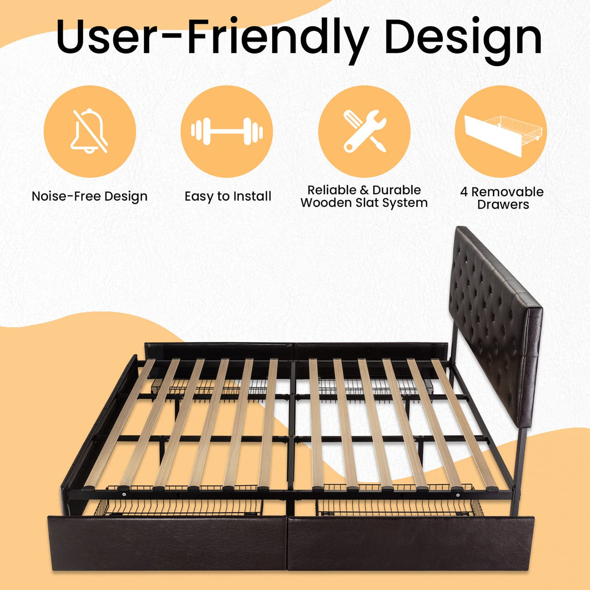 SHA CERLIN Upholstered King Size Platform Bed Frame with 4 Storage Drawers, Adjustable Headboard with Diamond Stitched Button Tufted Design, Wooden Slat Support, No Box Spring Needed, Black Brown SHA CERLIN