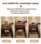 KungFuWood Makeup Vanity Desk with 3 Lighting Modes, Solid Wood Vanity Desk with Mirror Dressing Table Set 4 Drawers,Space-Saving Vanity for bedrooms(walunt) KungFuWood