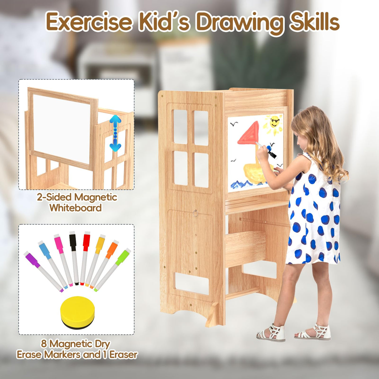 BueDeHai 4 in 1 Kitchen Toddler Step Stool, Wooden Kitchen Toddler Tower with Whiteboard and Safety Rail, Adjustable-Height Kids Learning Standing Tower for Kitchen Counter Bathroom Sink BueDeHai