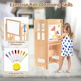 BueDeHai 4 in 1 Kitchen Toddler Step Stool, Wooden Kitchen Toddler Tower with Whiteboard and Safety Rail, Adjustable-Height Kids Learning Standing Tower for Kitchen Counter Bathroom Sink BueDeHai