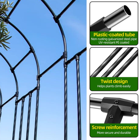 BUKLIYN Garden Arch Trellis - Length: 98.5in, Height: 94.5in Iron Garden Arch Arbor Trellis for Climbing Plants Outdoor - Garden Arch for Lawn, Party, Ceremony Wedding Decoration (Black) BUKLIYN