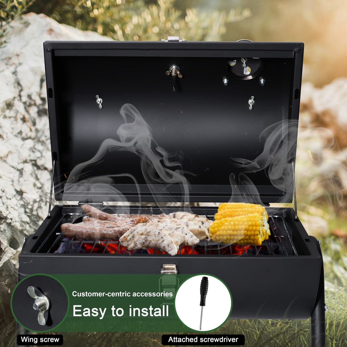 HaSteeL Portable Charcoal Grill, Small Folding Outdoor Grill, Mini Black Barbecue Grill with Thermometer, Compact Tabletop BBQ Grill for Camping Picnic Backyard Patio, 116 Square Inches & Screwdriver HaSteeL