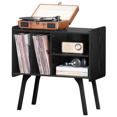 LELELINKY Record Player Stand,Vinyl Record Storage Table with 4 Cabinet Up to 120 Albums,Mid-Century Turntable Stand with Wood Legs,Black Vinyl Holder Display Shelf for Bedroom Living Room LELELINKY