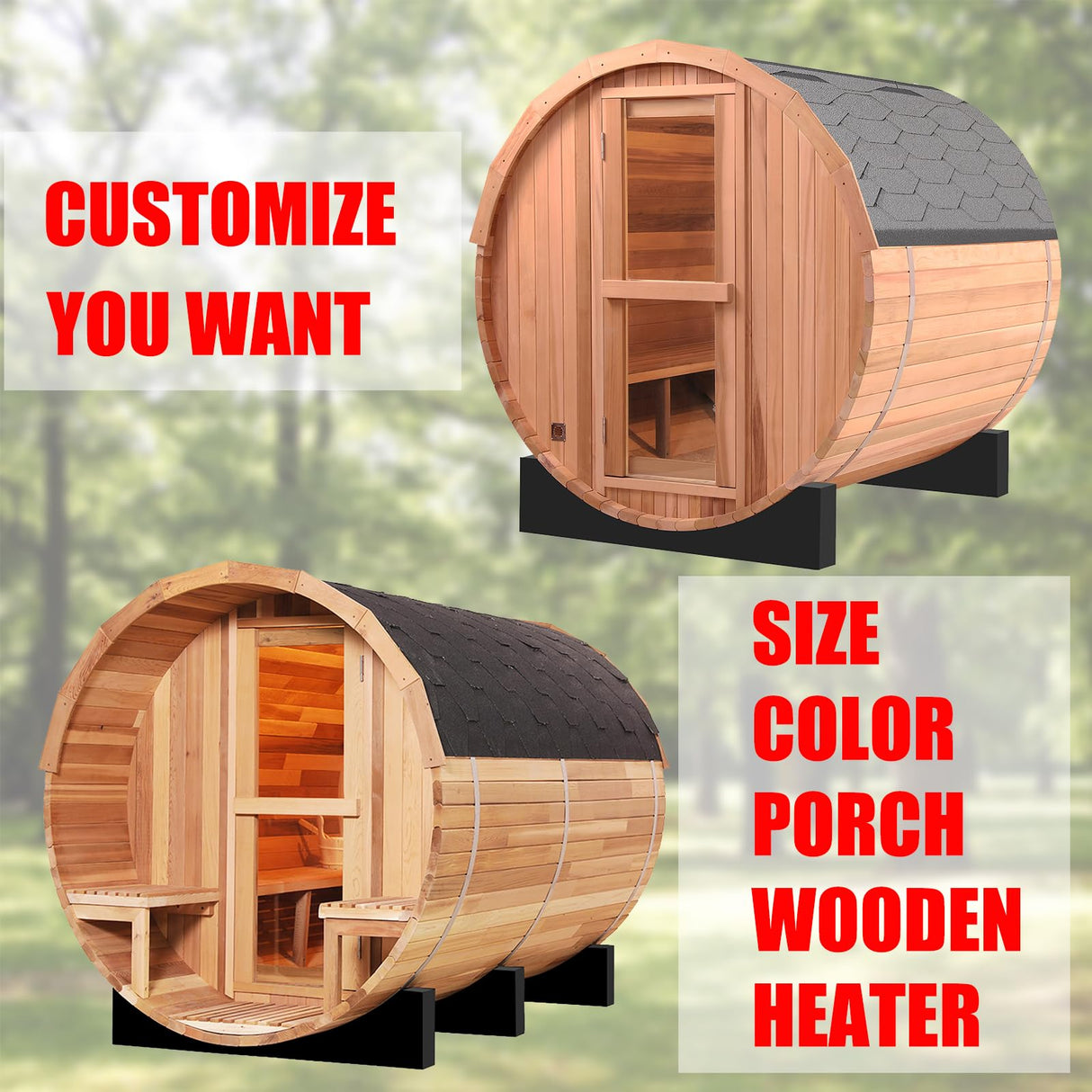 DUTHSS Customize Outdoor Barrel Sauna Rooms with Porch,4-6 Person Wooden Steam Sauna with 6000kw Electric Stove Tempered Glass Sauna Stone Sauna Kits Duthss