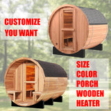 DUTHSS Customize Outdoor Barrel Sauna Rooms with Porch,4-6 Person Wooden Steam Sauna with 6000kw Electric Stove Tempered Glass Sauna Stone Sauna Kits Duthss