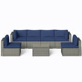 7-Piece Modular Patio Furniture Set, Wicker Outdoor Sectional Sofa with Cushions and Coffee Table, All Weather Patio Conversation Sets for Porch Balcony Backyard, Dark Blue Kiss the Water