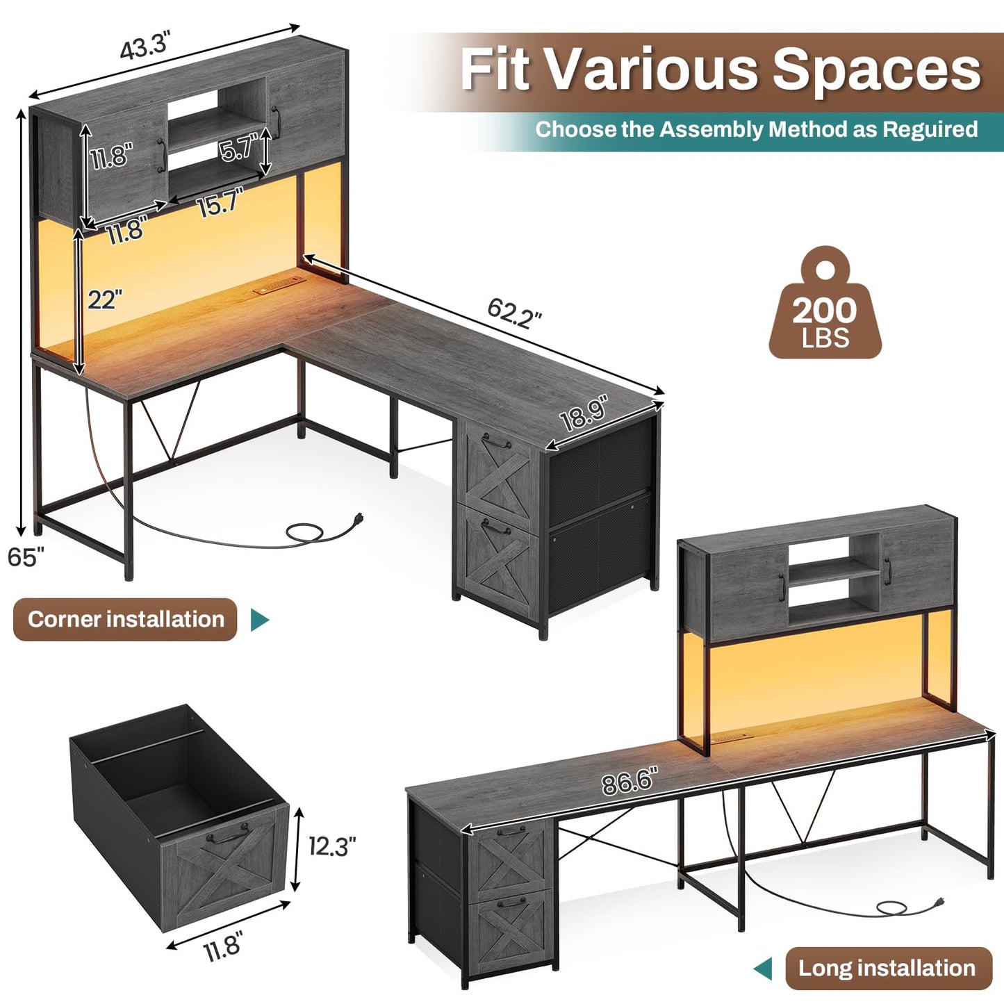 SEDETA L Shaped Gaming Desk, Reversible Computer Desk with Fabric Drawers and Power Outlet, Gaming Desk with Led Lights, Hutch and Storage Shelf for Home Office, Grey - WoodArtSupply