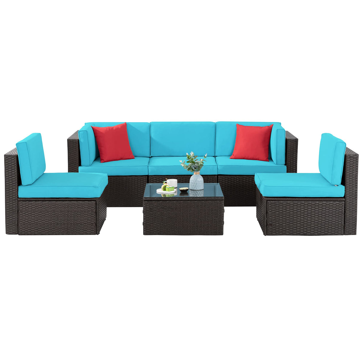 Shintenchi 6 Pieces Patio Furniture Sets Outdoor All-Weather Sectional Patio Sofa Set PE Rattan Manual Weaving Wicker Patio Conversation Set with Glass Table & Ottoman Cushion and Red Pillows, Blue Shintenchi