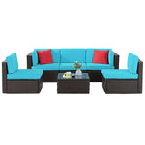 Shintenchi 6 Pieces Patio Furniture Sets Outdoor All-Weather Sectional Patio Sofa Set PE Rattan Manual Weaving Wicker Patio Conversation Set with Glass Table & Ottoman Cushion and Red Pillows, Blue Shintenchi