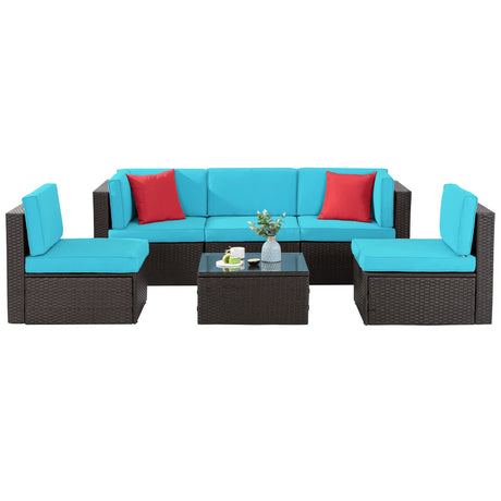 Shintenchi 6 Pieces Patio Furniture Sets Outdoor All-Weather Sectional Patio Sofa Set PE Rattan Manual Weaving Wicker Patio Conversation Set with Glass Table & Ottoman Cushion and Red Pillows, Blue Shintenchi