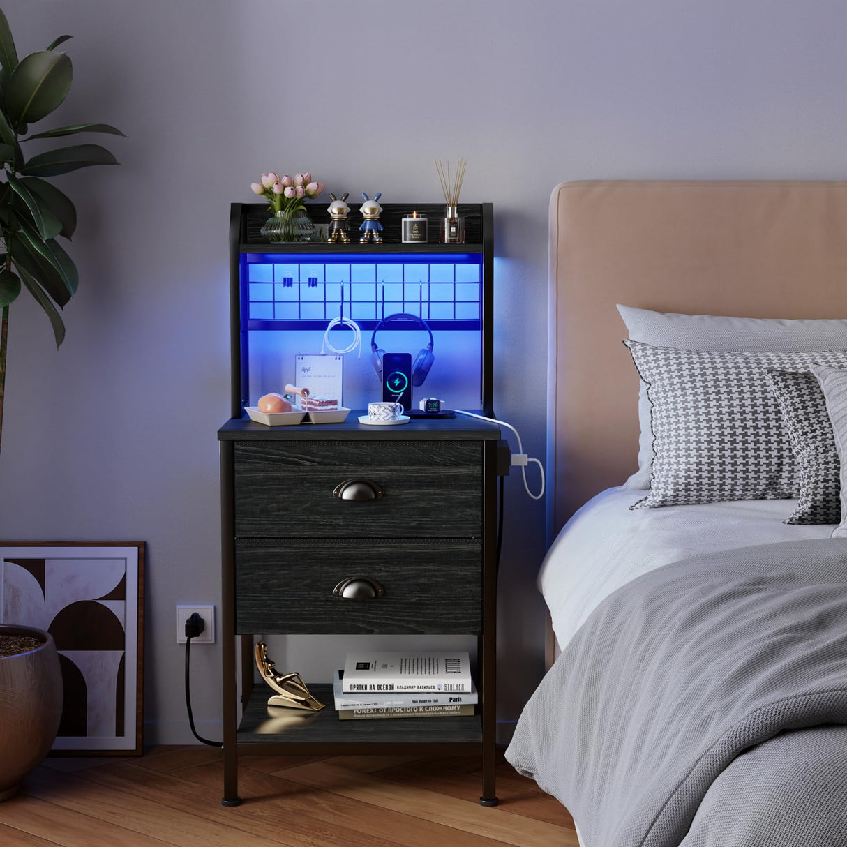 Furologee 41'' Tall Nightstand with Charging Station, Bedside Table with LED Lights, End Table with 2 Drawers and Storage Shelves, Night Stand with Pegboard for Bedroom, Living Room, Black Oak Furologee