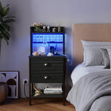 Furologee 41'' Tall Nightstand with Charging Station, Bedside Table with LED Lights, End Table with 2 Drawers and Storage Shelves, Night Stand with Pegboard for Bedroom, Living Room, Black Oak Furologee