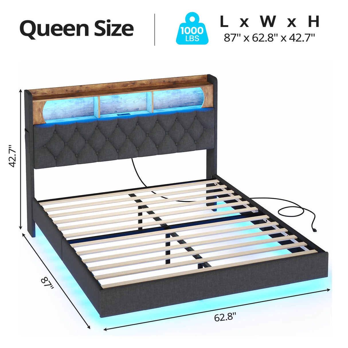 BTHFST Dark Grey Floating Bed Frame with LED Lights and Storage Headboard, Queen Size, No Box Spring Required BTHFST