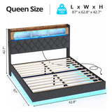 BTHFST Dark Grey Floating Bed Frame with LED Lights and Storage Headboard, Queen Size, No Box Spring Required BTHFST
