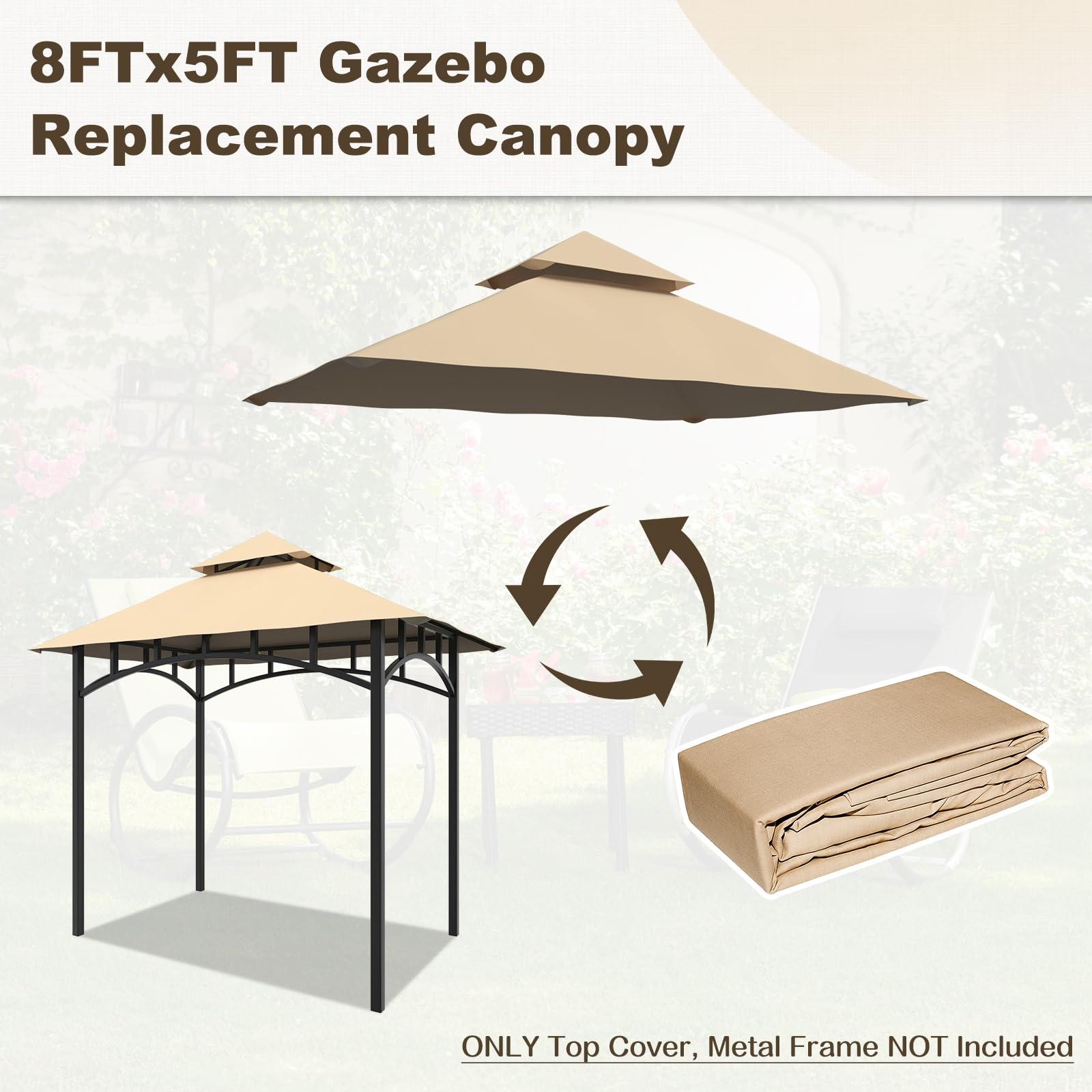 Grill Gazebo Canopy Replacement Cover, 5'x8' Double Tiered BBQ Roof Top, BBQ Gazebo Cover Grill Shelter for Garden Patio Yard Outdoor (Khaki) - WoodArtSupply