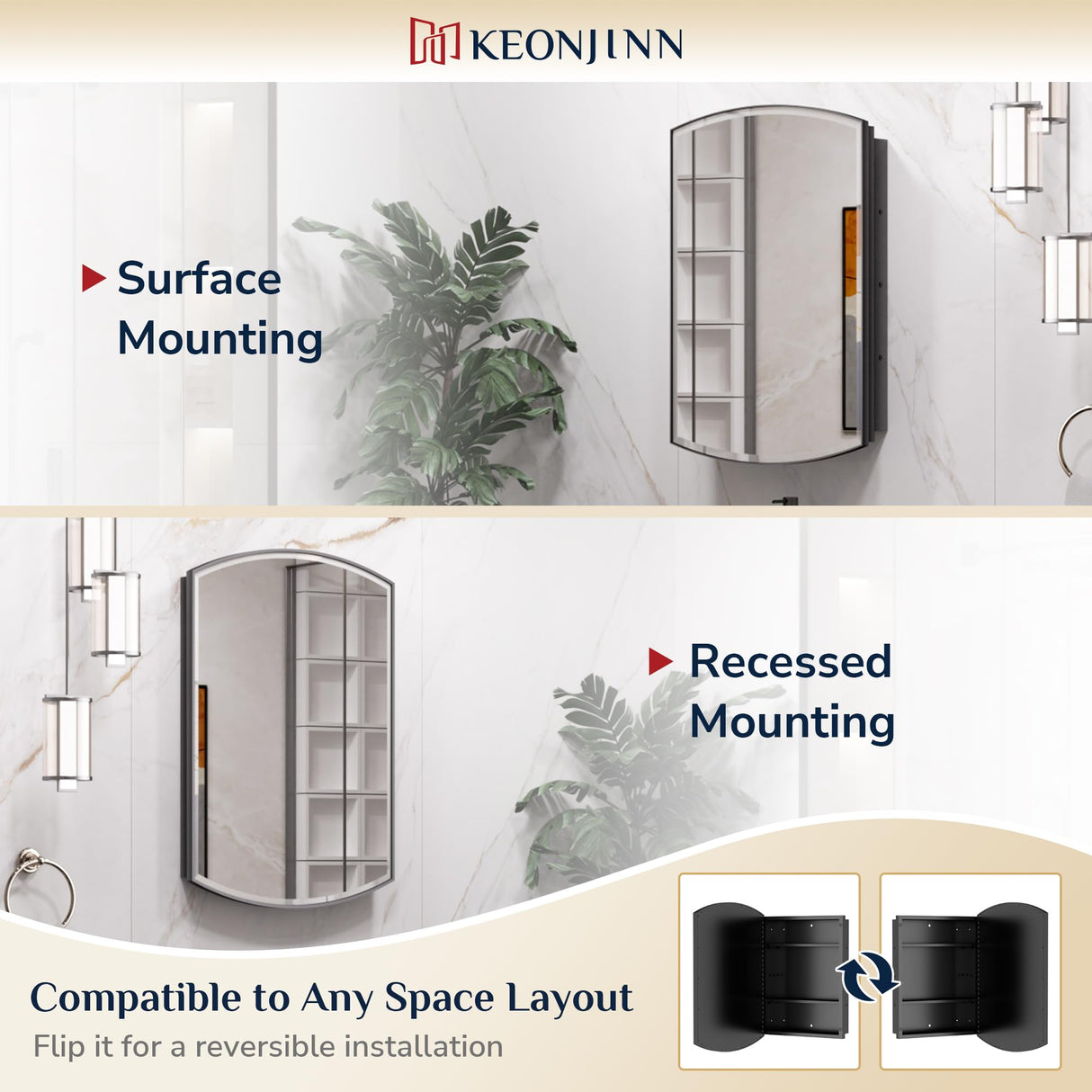 Keonjinn Black Medicine Cabinet 16 x 26 Inch, Surface Mount or Recessed Bathroom Cabinets with Mirrors, Metal Framed Wall Mirror with Storage, 2 Adjustable Shelves, Beveled Edge Mirror Keonjinn