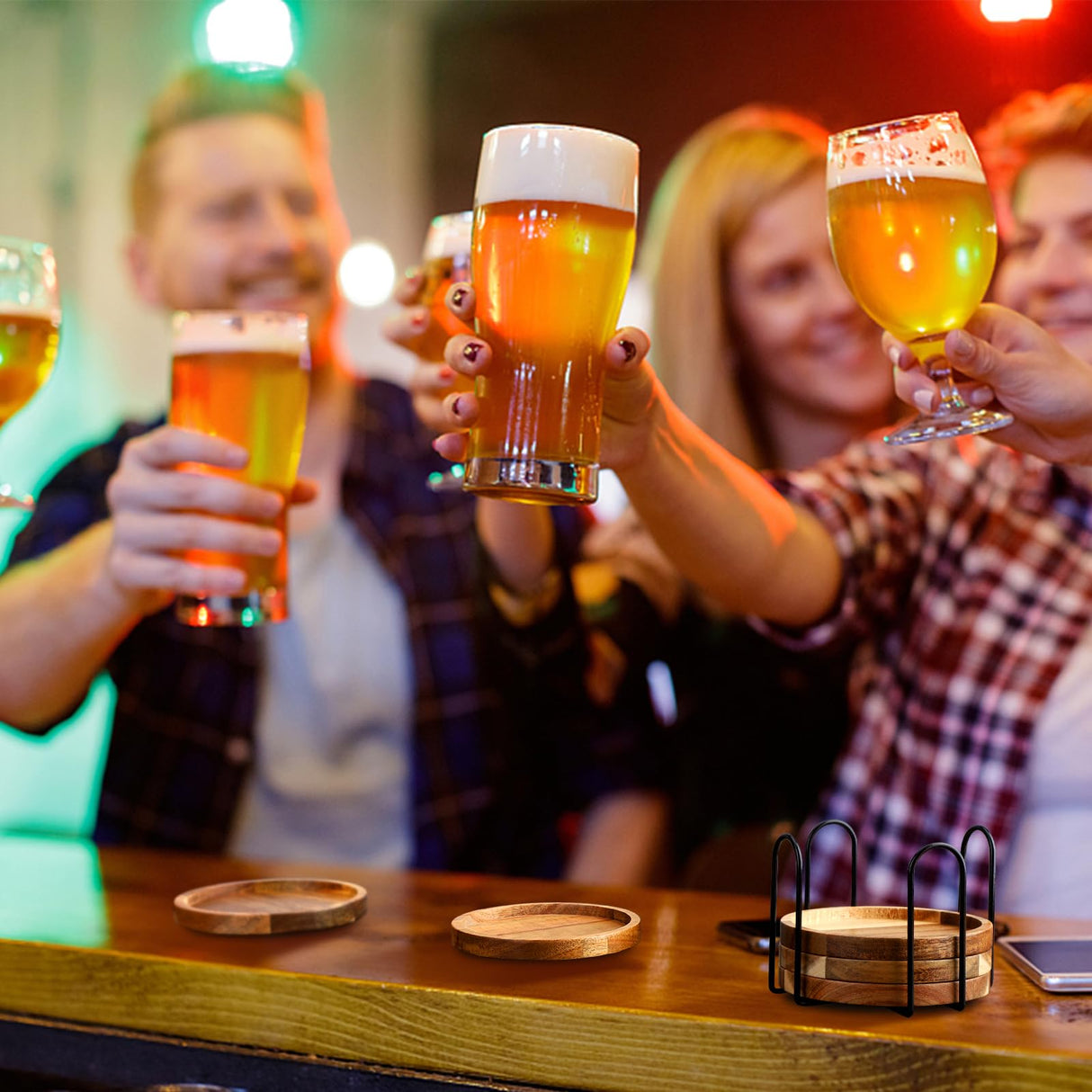 Acacia Wood Coasters for Drinks with Lip, Round Drink Coasters with Holder for Coffee Table Dining Table Wooden Table Coasters for Farmhouse Desk, Set of 6 WLWNWFT