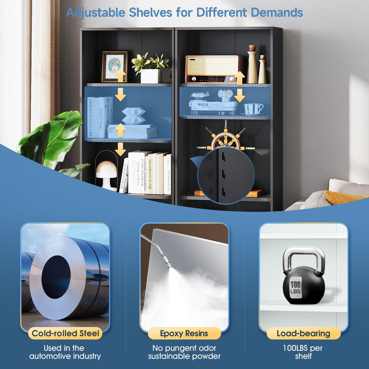 IRONMIX Metal Open Bookcase, 5-Tier Bookshelf with Adjustable Shelves, Black Bookshelf for Small Places, 70" 87 Tall Book Shelf, Curio Cabint Display Case for Home Office, Library, Living Room IRONMIX