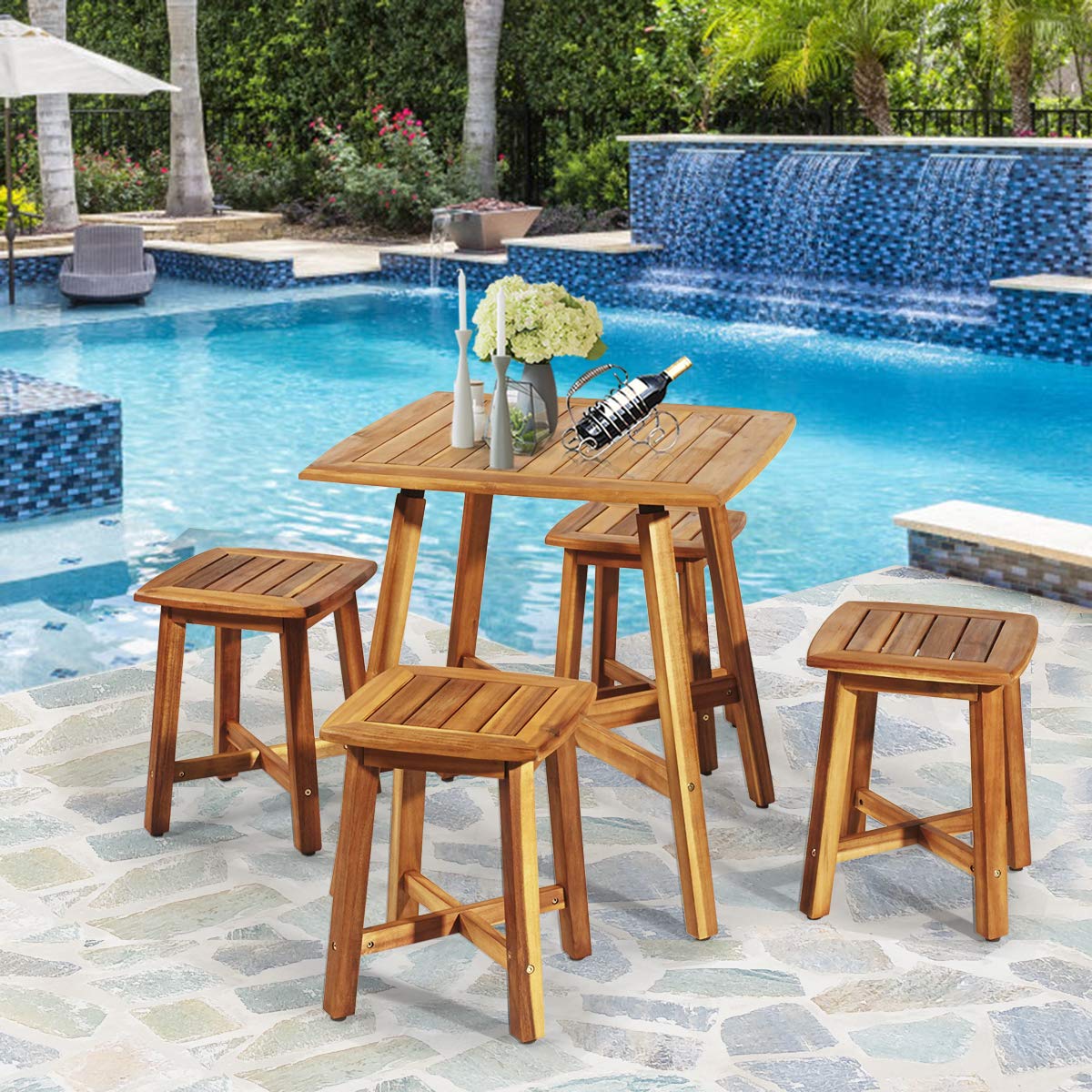 Tangkula 5 Piece Wood Patio Dining Set, Outdoor Dining Furniture w/Square Table & 4 Stools, Garden Conversation Dinging Set for Porch, Backyard, Balcony, Poolside, Reddish Brown Tangkula
