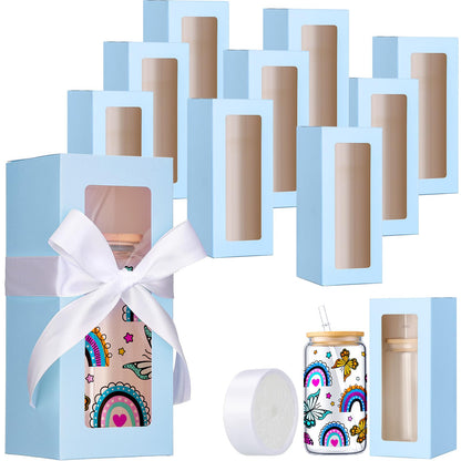 Honoson 24 Pcs Gift Boxes with Ribbon for Sublimation Glass Exhibition Boxes Transparent Gift Box for 12oz 16oz 20oz Drinking Glasses Jars Sublimation Glass Can Blanks Tumbler Gift Box(Light Blue)