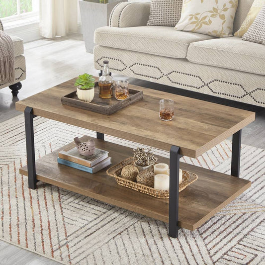 FOLUBAN Industrial Coffee Table with shelf, Wood and Metal Rustic Cocktail Table for Living Room, Oak - WoodArtSupply