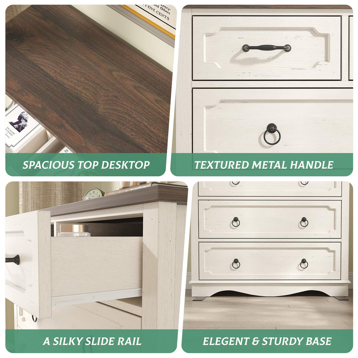 Maupvit 6 Drawer Dresser, 43" Tall Chest of Drawers for Bedroom, Farmhouse Dresser with Large Drawers & Metal Ring Pull Handles, Wood Dressers for Living Room, Hallway, Entryway, Antique White Maupvit