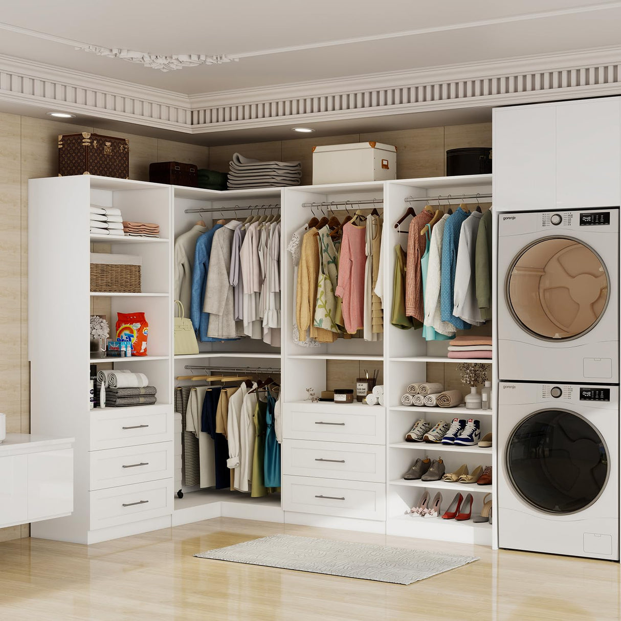 Vomavex Closet System with 4 sets, 101.9" Closet Organizer Systems with 6 Drawers & 8 Hanging Rods & Adjustable Shelves, Walk in Closet Standing Closet System, Corner Closet System Set, White vomavex