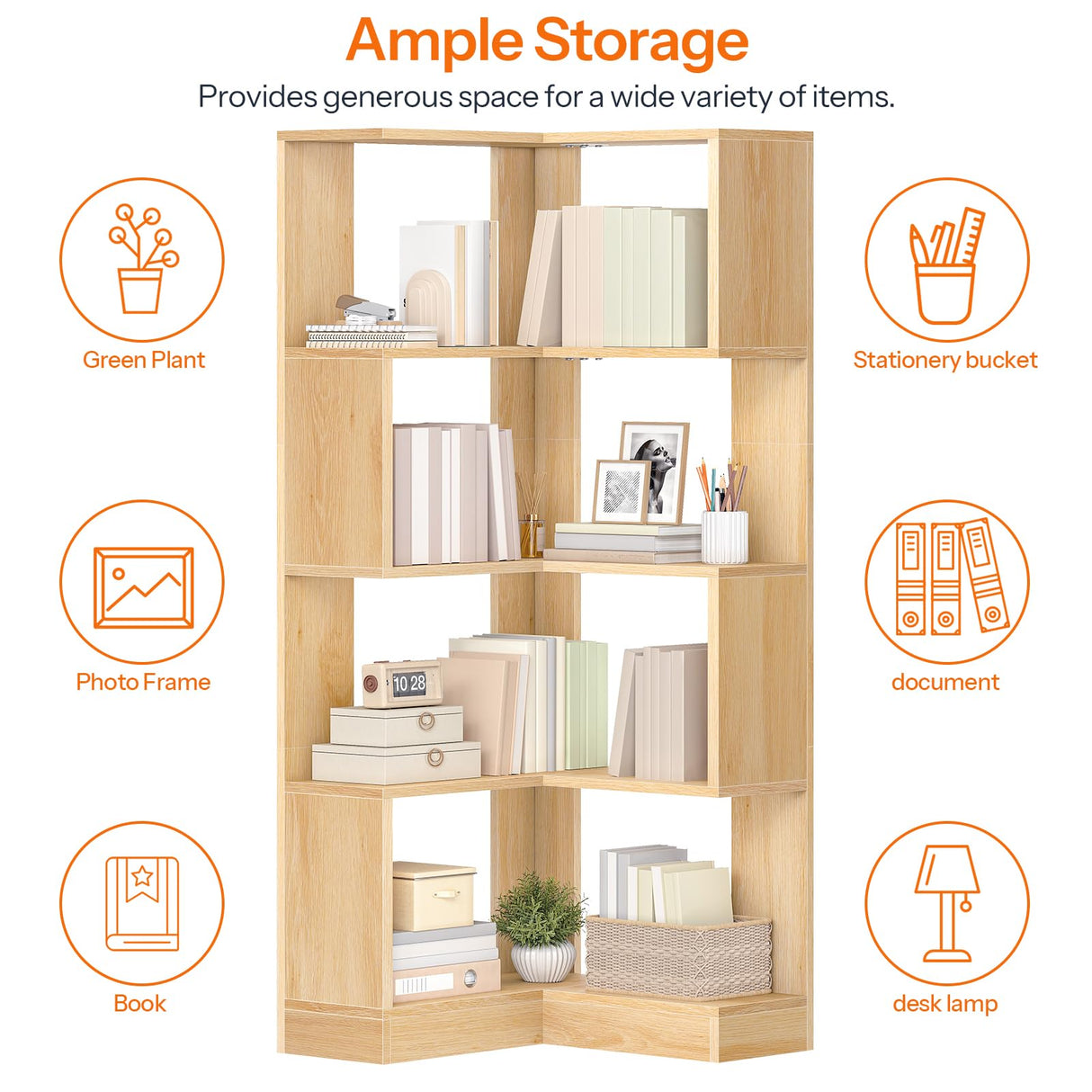 HOOBRO 5-Tier Corner Bookshelf, L-Shaped Corner Bookshelf, 55.3'' Tall Wooden Bookcase with Baffle, Freestanding Display Rack, for Living Room, Home Office, Natural NL50SJ01 HOOBRO