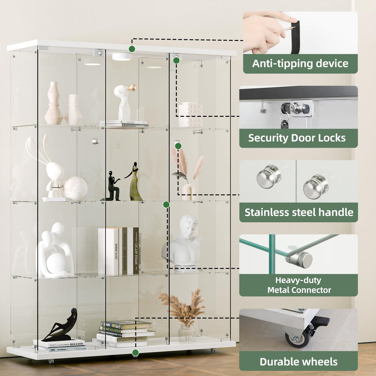 HAMBING Glass Display Cabinet with LED Light & Lock, 4 Shelves 3-Column Display Showcase, 2 Side Doors and Open Center Column, Tempered Glass Curio Cabinet for Bedroom, Living Room - White HAMBING