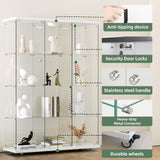 HAMBING Glass Display Cabinet with LED Light & Lock, 4 Shelves 3-Column Display Showcase, 2 Side Doors and Open Center Column, Tempered Glass Curio Cabinet for Bedroom, Living Room - White HAMBING