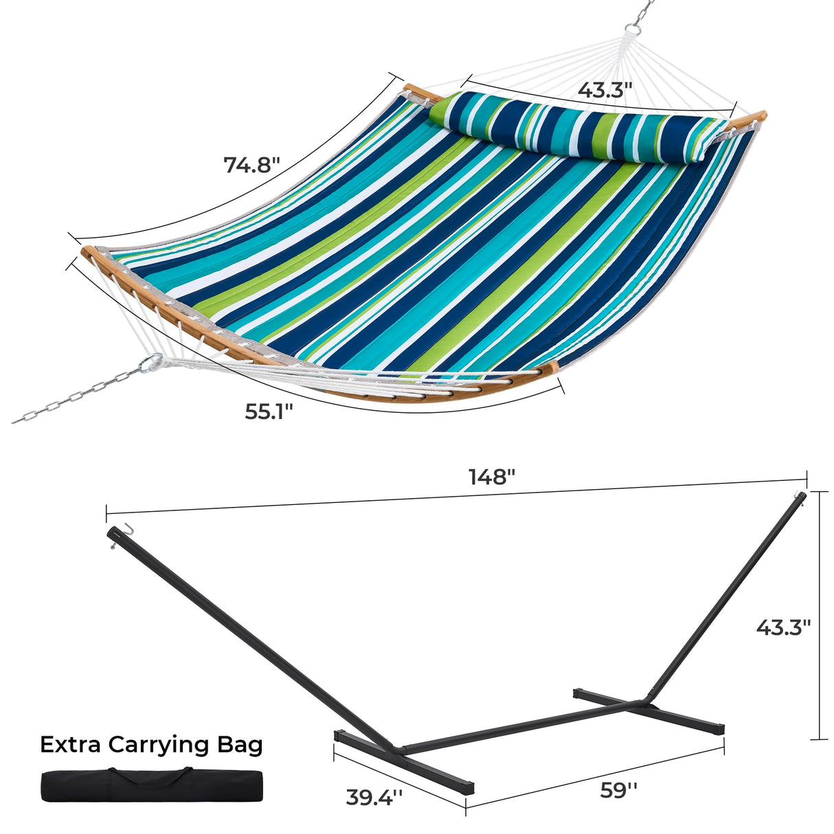 SUPERJARE Hammock with Stand, 2 Person Heavy Duty Hammock with Padded Cotton, Detachable Pillow & Strong Curved-Bar & Portable Carrying Bag, Perfect for Outdoor & Indoor - Dark Cyan SUPERJARE