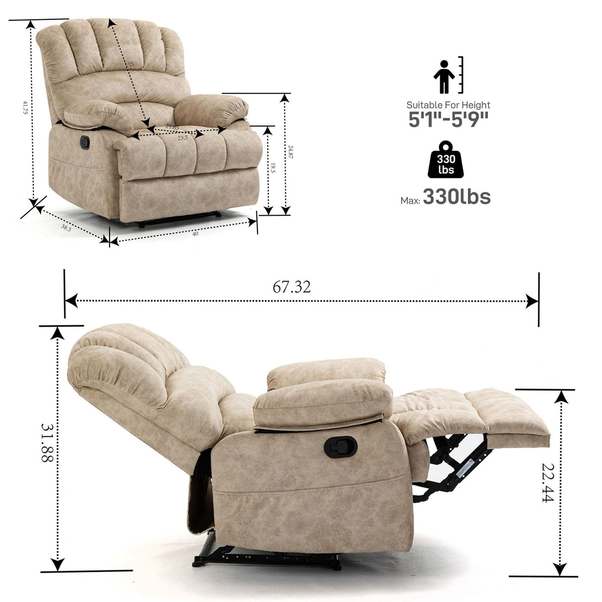 Modern Manual Recliner Chair for Adults,Lazy Boy Recliner Chair, Oversized Single Sofa with Footrest&Adjustable Backrest,Pockets,Fabric (Beige) HRVEOCEI