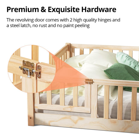 i-POOK Natural Twin Floor Bed Frame for Children with Safety Fence & Door i-POOK