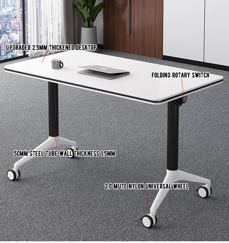 LISDERGOD Conference Table Foldable Meeting Tables, Mobile Training Table with Wheels, Flip Top Rolling Seminar Meeting Table for Office,Meeting Room,classr (White, 63×23.6×29.5in)