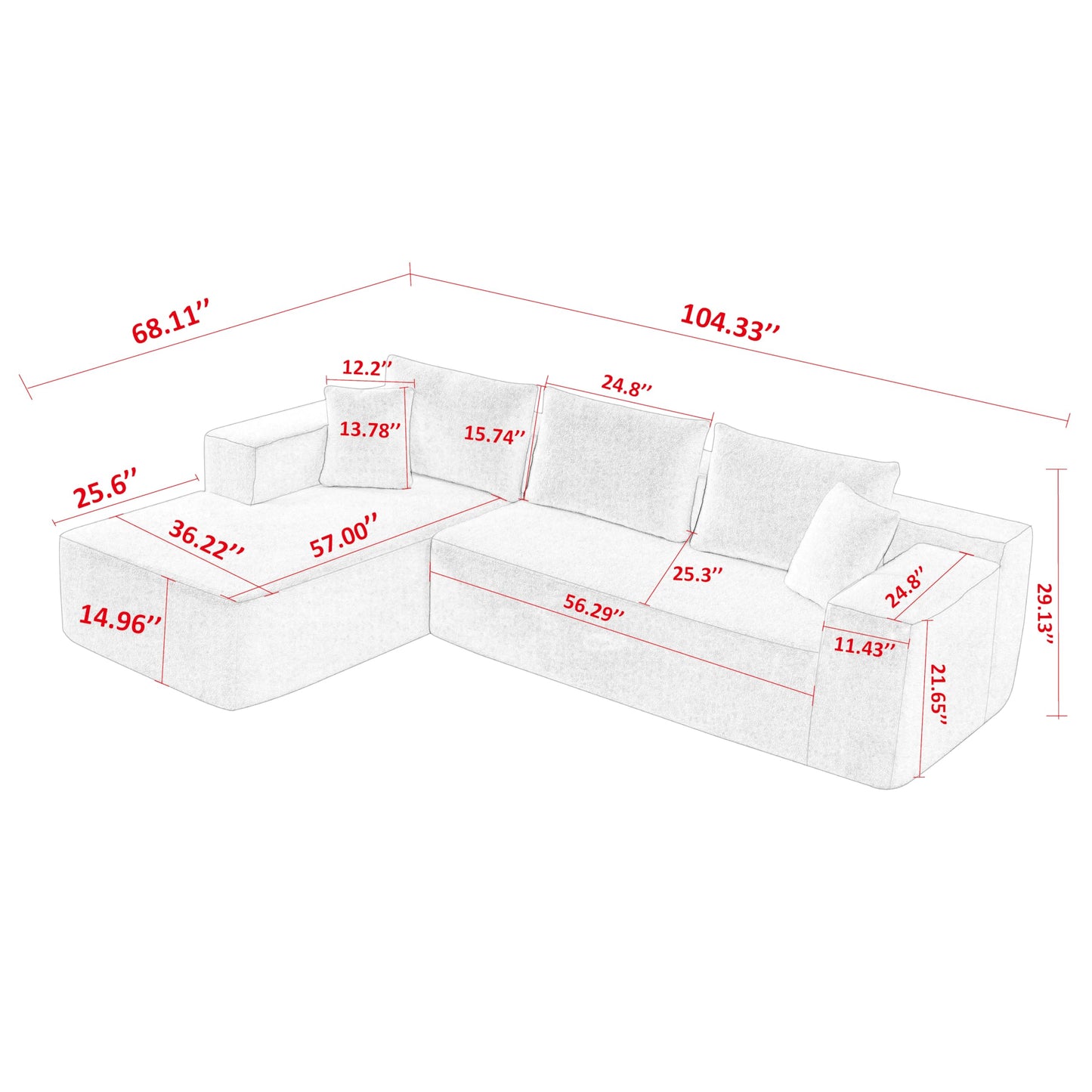 VnndeNest 104'' Modular Sectional Couch, Lambwool Sherpa Fabric Corner Sofa, Comfy Upholstered L-Shape Sectional Sofa with Chaise Lounge, 5 Seater Cloud Sofa for Living Room, Bedroom, Apartment, White